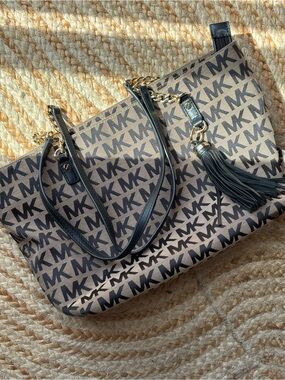 Michael Kors Brown MK Logo Tote with Black Trim and Tassel